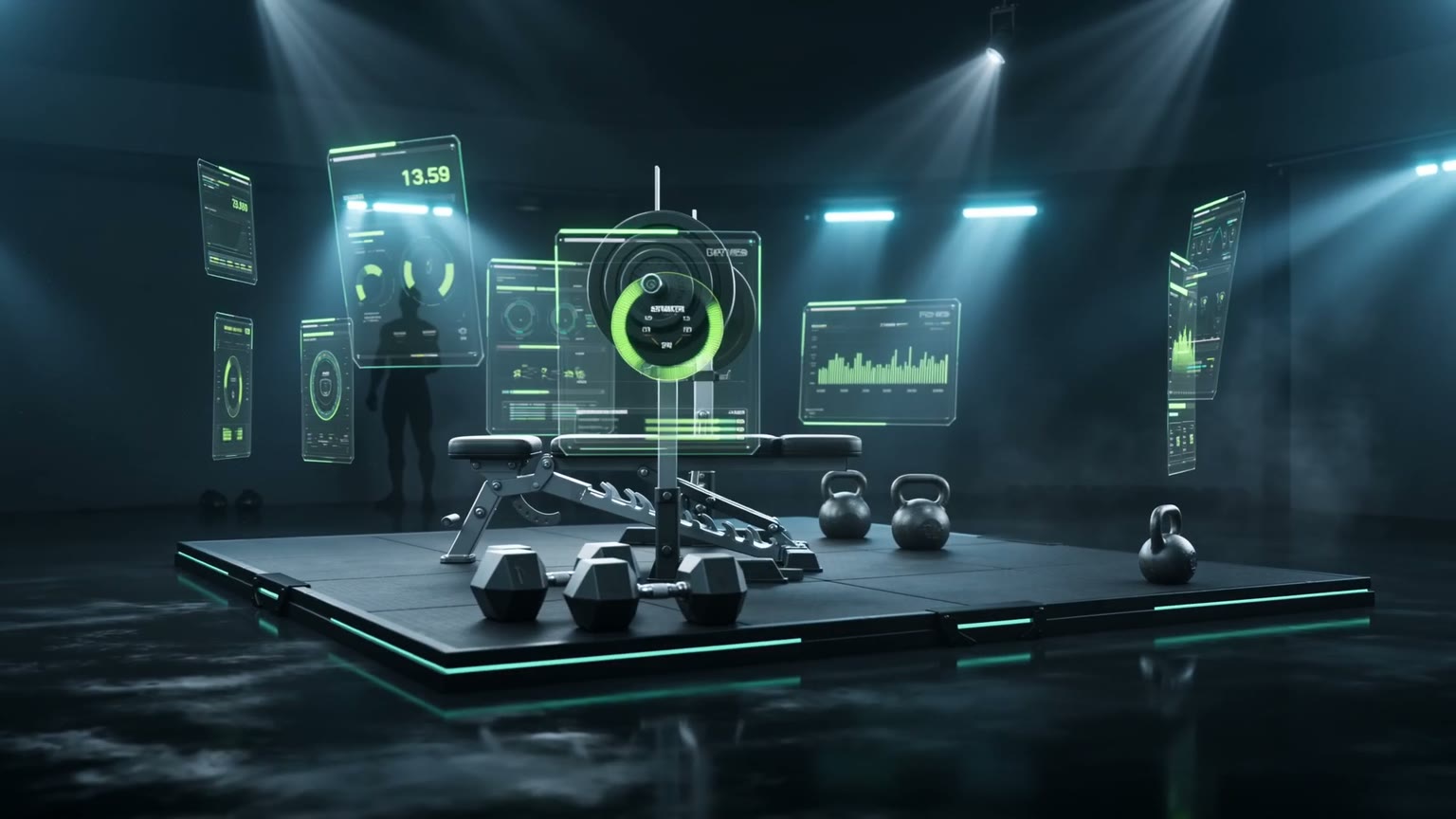FORGE ATHLETICS — cinematische Trainingsplattform mit Langhantel, Kettlebells und Performance-Licht im dunklen Studio